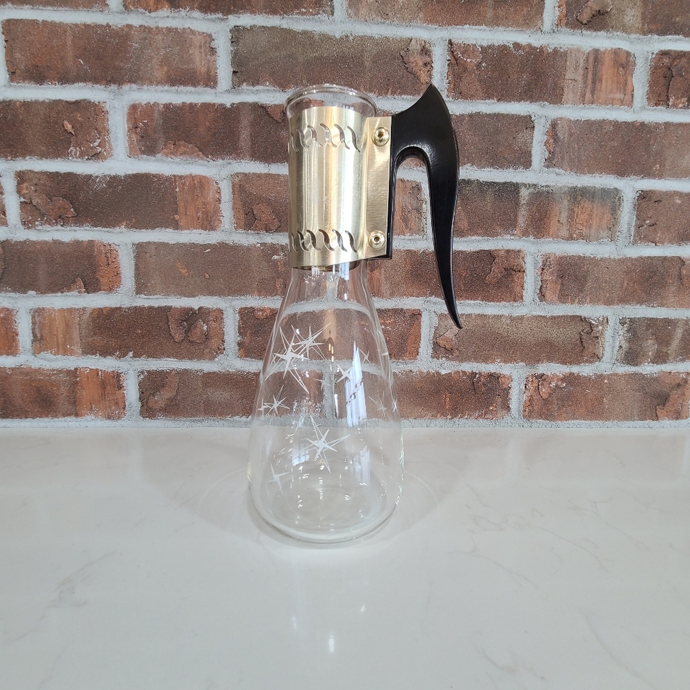 Vintage heat proof glass metal star pitcher with handle Made in USA